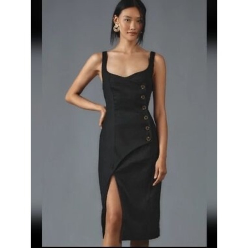 Anthropologie Black Linen Asymmetrical Button Front Midi Dress XLP Petite
